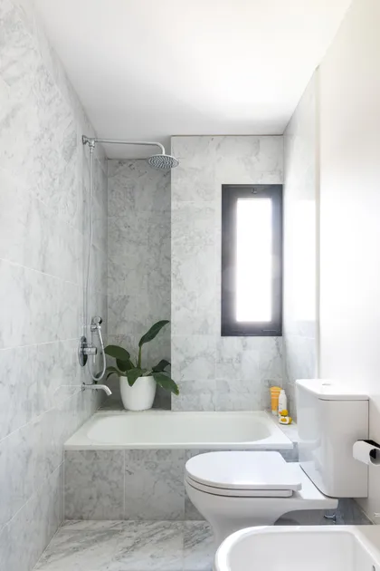 Baño moderno con mármol gris, ducha, inodoro y planta — proyecto Boating I, por Estudio Arq. Ana M. Carrera, en Boating Club