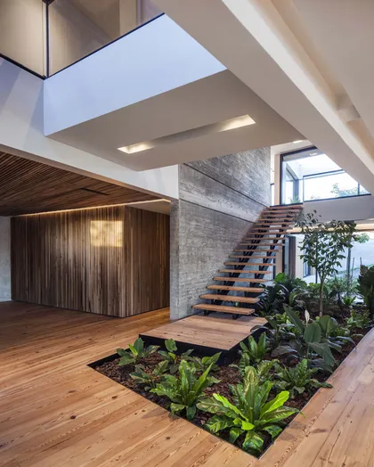 Escalera flotante madera con jardinera interior y doble altura luminosa — proyecto Casa India , por Estudio Simbiosis