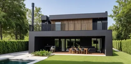 fachada moderna con piscina y jardín — proyecto Bahia Villanueva , por Estudio NET Arquitectura , en B1648 Tigre