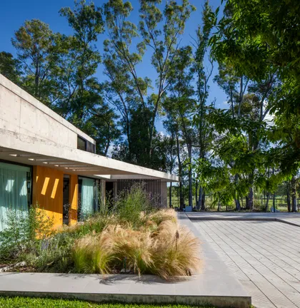 Fachada moderna con césped ornamental y hormigón visto — proyecto Casa ALVA, por V2 Arquitectos, en City Bell
