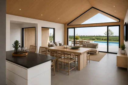 Comedor moderno abierto con vista a la piscina y detalles en madera — proyecto Pilar , por Grupo Steimberg , en Pilar