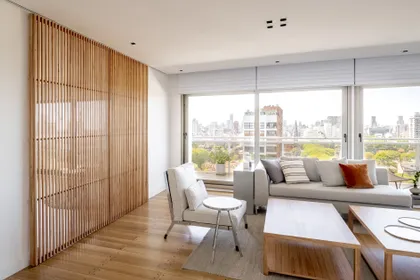 Living moderno con gran ventanal y biombo de madera — proyecto Lacroze, por Estudio Basa, en CABA