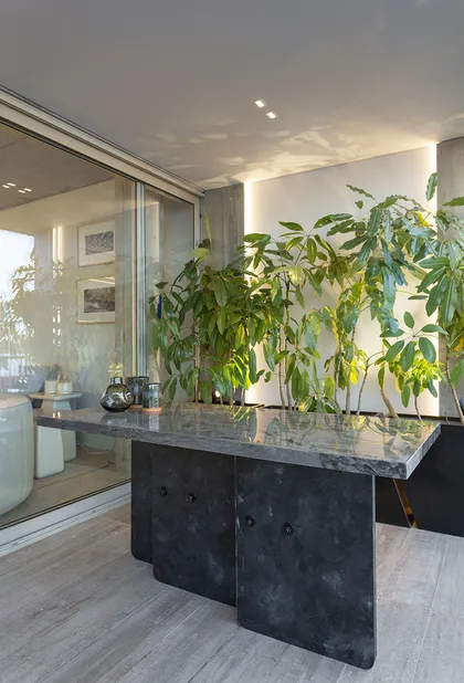 Terraza moderna con consola de mármol y plantas exuberantes — proyecto Casa FOA, por Viviana Melamed