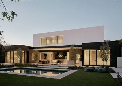 fachada moderna con piscina y patio interior — proyecto Casas llave en mano, por Gmdconstrucciones , en Belén de Escobar