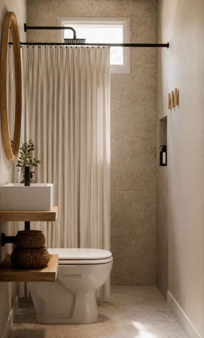 Baño moderno con paredes de piedra texturizada y cortina — proyecto Diseño de casa estilo japandi, por Mela Deco Design, en Belén de Escobar