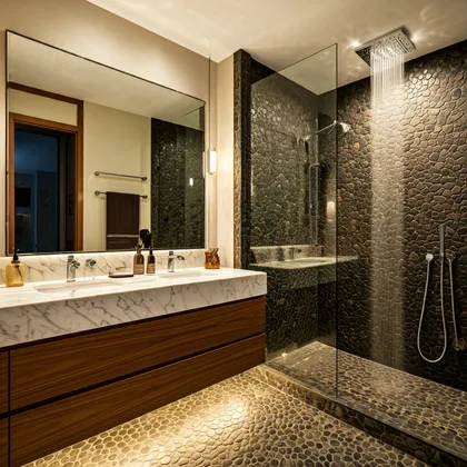 Baño moderno con piedras naturales y ducha amplia — proyecto Baños, por Lilium Deco , en Pilar