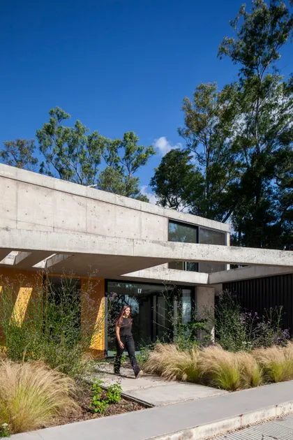 Casa moderna de hormigón con vegetación integrada y líneas definidas — proyecto Casa ALVA, por V2 Arquitectos, en City Bell