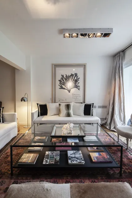 living moderno blanco y negro con mesas bajas de hierro y dibujo botanico — proyecto GO2219, por Facundo Arana Arquitecto