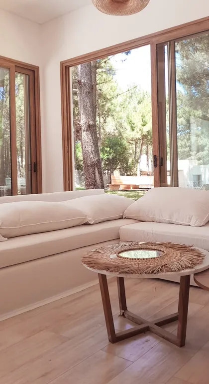 Living moderno con ventanales al bosque y sillones bajos — proyecto Casa NF, por TAVA Coop, en Pinamar