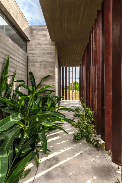 Fachada moderna con hormigón expuesto, madera y vegetación exuberante — proyecto Casa Pilará, por Besonías Almeida arquitectos, en Pilar