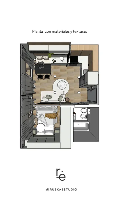 Plano de departamento compacto con texturas y diseño moderno — proyecto Monoambiente Balcarce, por Rueka Estudio, en Belgrano
