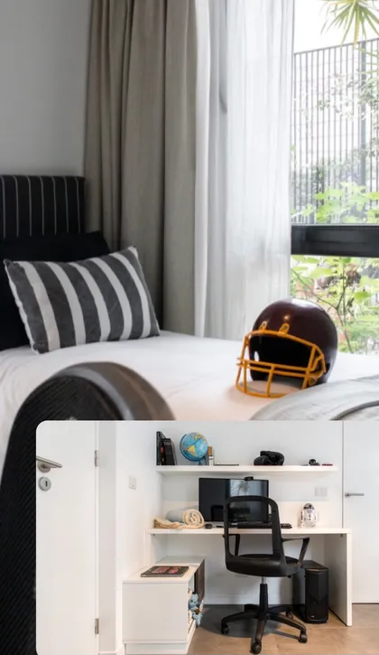 Dormitorio moderno con escritorio, casco de fútbol y mucha luz natural — proyecto Teodoro, por Claraboia , en Belgrano R