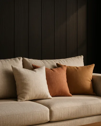 Sofá modular beige con almohadones texturizados sobre pared de madera oscura — proyecto Living Cardales, por Casa Rosa Estudio, en B2814 Los Cardales