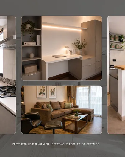 Living moderno escandinavo con rincón de oficina y cocina integrada — proyecto Nuestros servicios , por uniKKo Estudio de Diseño, en Mar del Plata