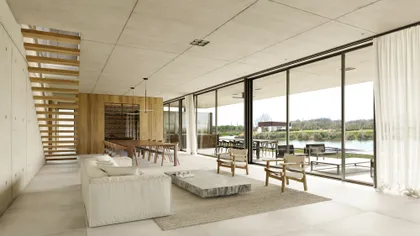 Living comedor moderno con hormigón y madera, vistas al campo — proyecto CASA MH, por GMARQ, en Tigre