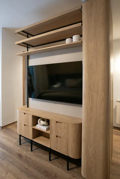 Mueble TV madera con estantes flotantes y base con puertas — proyecto Casa Oroño, por Estudio Plats, en Buenos Aires
