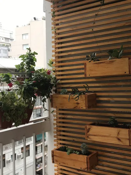 balcón con pared de listones de madera y macetas colgantes — proyecto OBRA SALGUERO, por G+M Arquitectura, en CABA