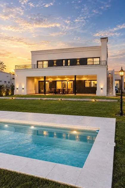 Casa moderna estilo mediterráneo con piscina y jardín al atardecer — proyecto SS45, por EZ architects, en Pilar