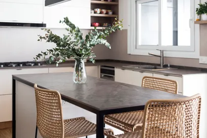 Cocina moderna estilo nórdico con isla de cemento y sillas de mimbre — proyecto Casa en Martinez, por JT ARQUITECTURA, en Martínez