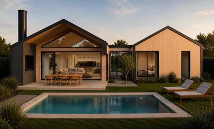 fachada moderna con piscina y deck de madera — proyecto Pilar , por Grupo Steimberg , en Pilar
