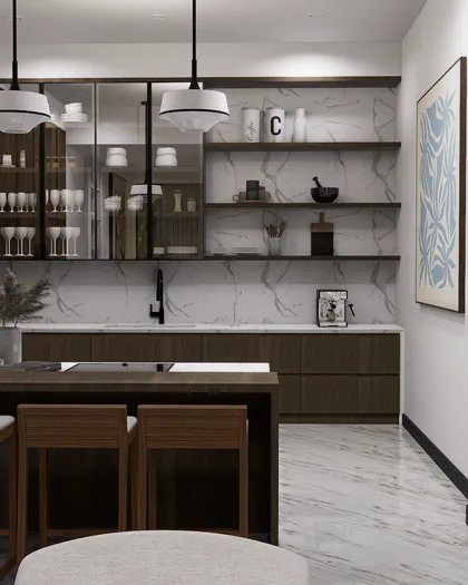 Cocina moderna con isla y revestimientos de mármol — proyecto PROYECTO FTA // PINAMAR // BSAS // ATLANTICOARQS, por atlantico arqs, en Pinamar