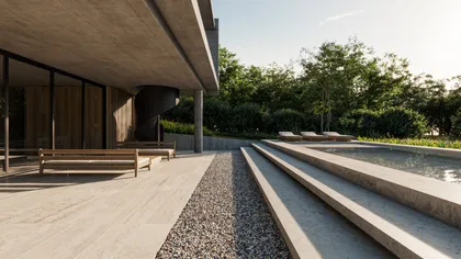 Casa moderna brutalista con piscina y vegetación exuberante — proyecto Casa GOLF, por Grupo CRBN, en Ruta Panamericana Nº. 9