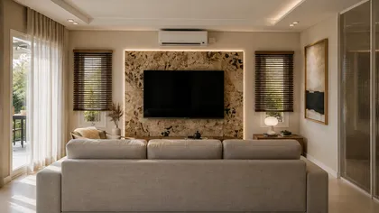 Sala de estar moderna con pared de piedra texturizada y sofá beige — proyecto Diseño de casa estilo japandi, por Mela Deco Design, en Belén de Escobar