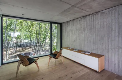 Living moderno con concreto expuesto y vista al bosque — proyecto Casa MF, por V2 Arquitectos, en City Bell