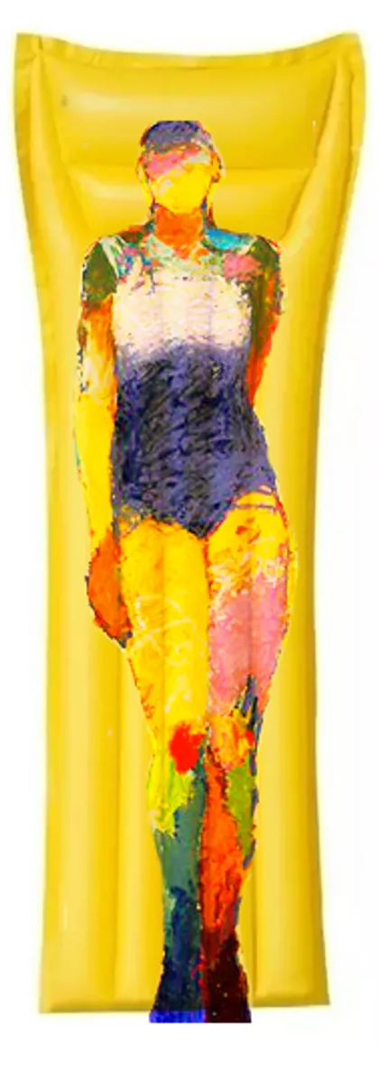 figura abstracta pintada sobre flotador amarillo inflable en área de piscina — proyecto Tu producto en Arte., por Cristóbal Peña y Lillo, en Buenos Aires