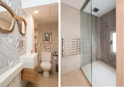 Baño moderno con detalles geométricos y texturas de concreto — proyecto CASA GOLF III, por Alejandra Pan Arquitectura, en Nordelta