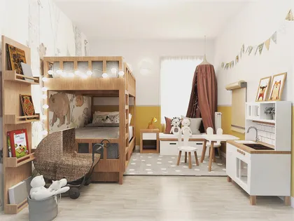 Dormitorio infantil escandinavo con cama cucheta y rincón de juegos — proyecto TRENO DECO KIDS, por Vicky Ferraiuelo 