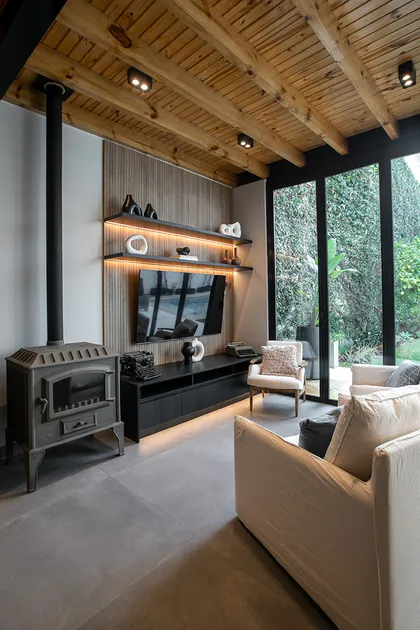Living moderno con techo madera, estufa negra y vistas jardín — proyecto Casa Oroño, por Estudio Plats, en Buenos Aires