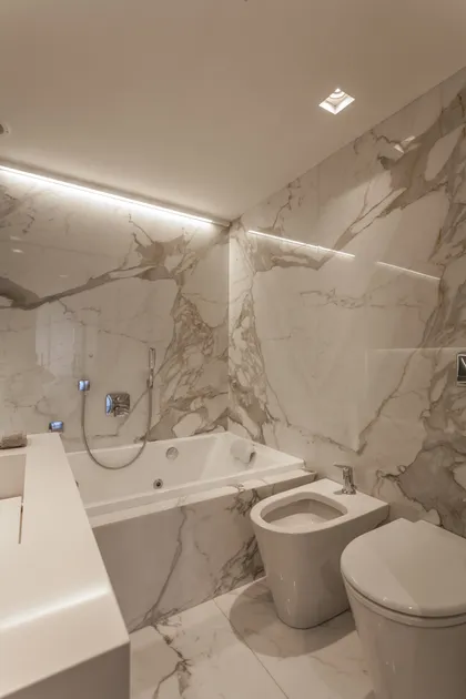 baño moderno con mármol blanco, bañera jacuzzi y bidet — proyecto Le Parc, por Judith Babour, en CABA
