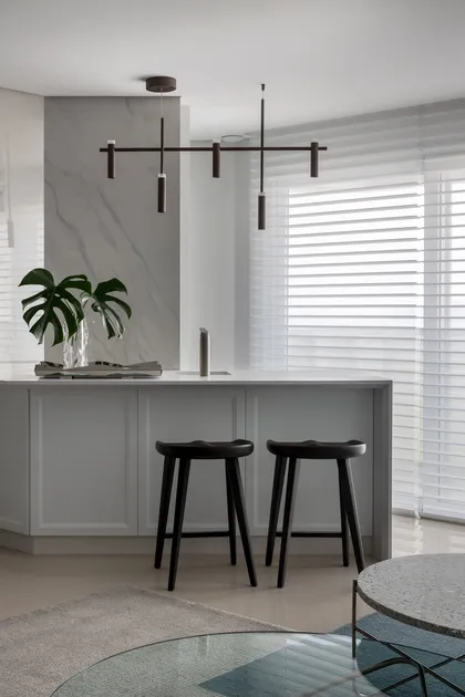 Cocina moderna con isla, lámpara lineal y planta monstera — proyecto AP RM , por ARQUITETARE POR ELAINE ZANON & CLAUDIA MACHADO