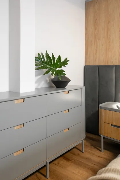 Dormitorio moderno con muebles grises, planta verde y piso de madera — proyecto Casa Oroño, por Estudio Plats, en Buenos Aires