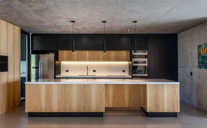 Cocina moderna con isla de madera y techo de hormigón — proyecto Casa ALVA, por V2 Arquitectos, en City Bell