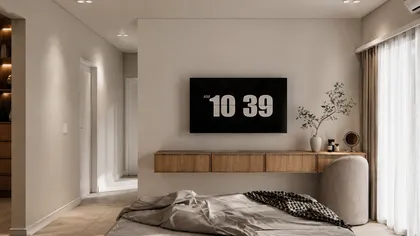 Dormitorio moderno minimalista con estantería flotante y reloj — proyecto Diseño de casa estilo japandi, por Mela Deco Design, en Belén de Escobar