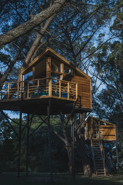 Casa en árbol de madera con terraza y escalera metálica — proyecto Tree House-ELENA, por Wompa, en Tandil