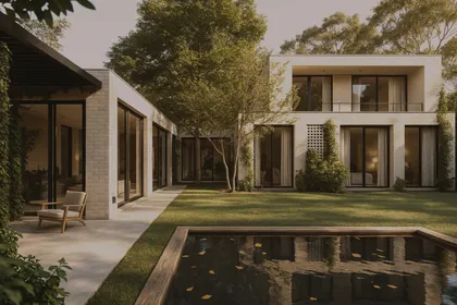 fachada moderna con patio interior y vegetación prominente — proyecto Casa Sonne, por zuloagastudio, en San Isidro