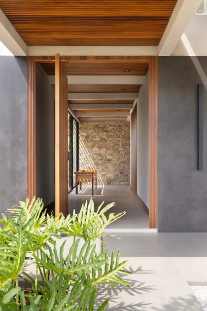 Pasillo moderno con techo de madera listonada y planta tropical — proyecto Alphaville, por Daniel Santo