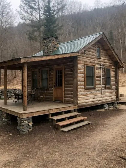 cabaña rústica de troncos con terraza de madera y techo de metal — proyecto Muelles y pérgolas , por De madera somos , en Belén de Escobar