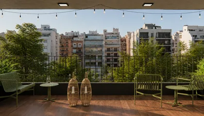 Terraza moderna con vista urbana y mobiliario de ratán — proyecto Diseño de departamento juvenil , por Mela Deco Design, en Buenos Aires