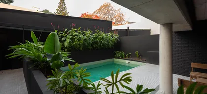 Piscina moderna rodeada de vegetación exuberante y paredes oscuras — proyecto Achalay, por Epífita Arquitectura & Paisaje, en Buenos Aires