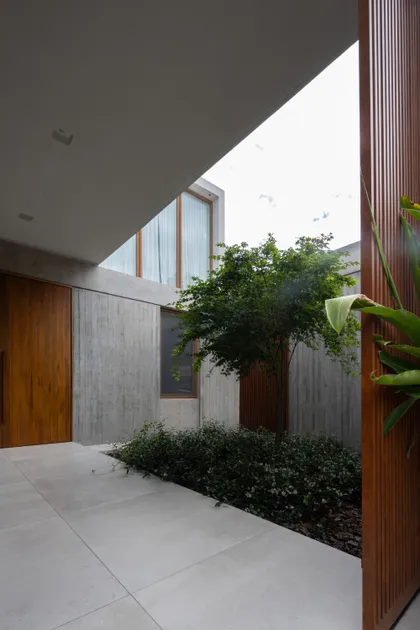 Patio moderno con árbol, concreto expuesto y detalles de madera — proyecto CASA OrAz, por Alfredo Orfila arquitectura, en San Isidro