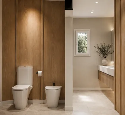 Baño moderno con revestimiento de madera y sanitarios colgantes — proyecto Diseño de casa estilo japandi, por Mela Deco Design, en Belén de Escobar