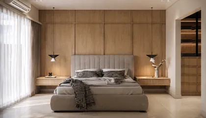 Dormitorio moderno con paneles de madera y cama confortable — proyecto Diseño de casa estilo japandi, por Mela Deco Design, en Belén de Escobar