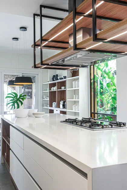 Cocina moderna con isla, techo de madera y acero negro, plantas — proyecto Casa Nordelta, por Gutman+Lehrer Arquitectas, en Nordelta