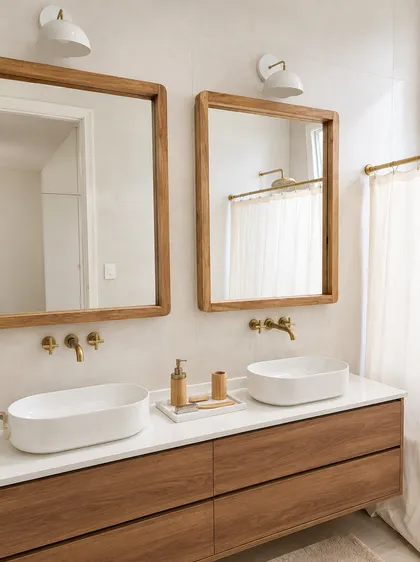 Baño moderno con doble vanitory y mesadas flotantes de madera — proyecto Arenales, por Equipe, en Buenos Aires