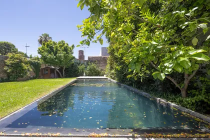 Piscina rodeada de vegetación exuberante y deck de piedra — proyecto CASA OrBa, por Alfredo Orfila arquitectura, en San Isidro