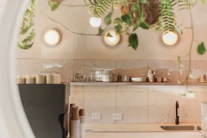 Cocina de restaurante con plantas colgantes y luces cálidas — proyecto La Selva Yoga - Cafe, por Jeitinho Estudió Creativo, en La Plata
